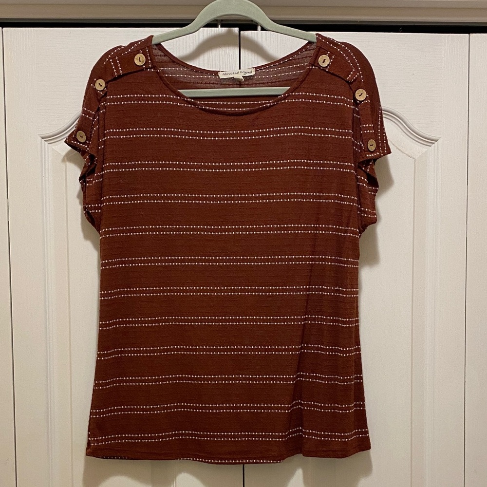 Button-Accent Brown Striped Women's Tee